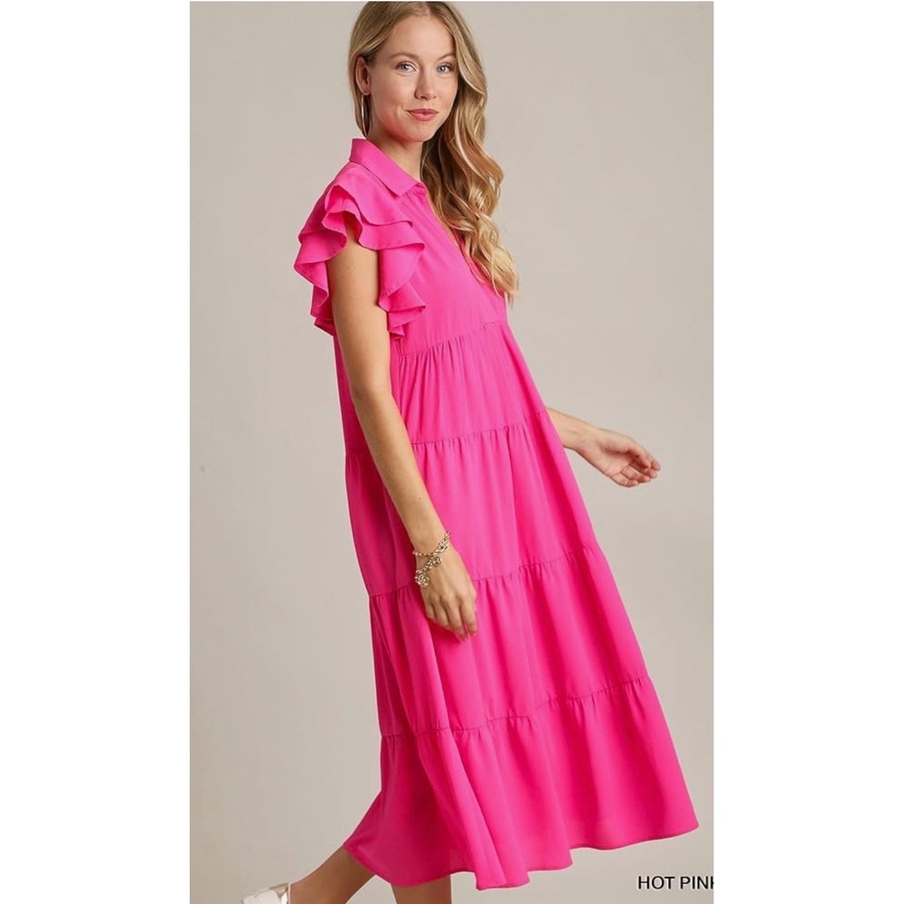 Umgee Hot Pink Tiered Short Ruffle Sleeve Midi Dress Size Small - Picture 2 of 12